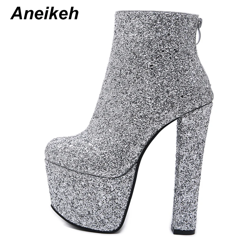 Aneikeh/пикантные женские ботильоны на высокой платформе из расшитой блестками ткани мотоботы из искусственной кожи в стиле панк обувь для ночного клуба Женская обувь на тонком каблуке, Размеры 35-40