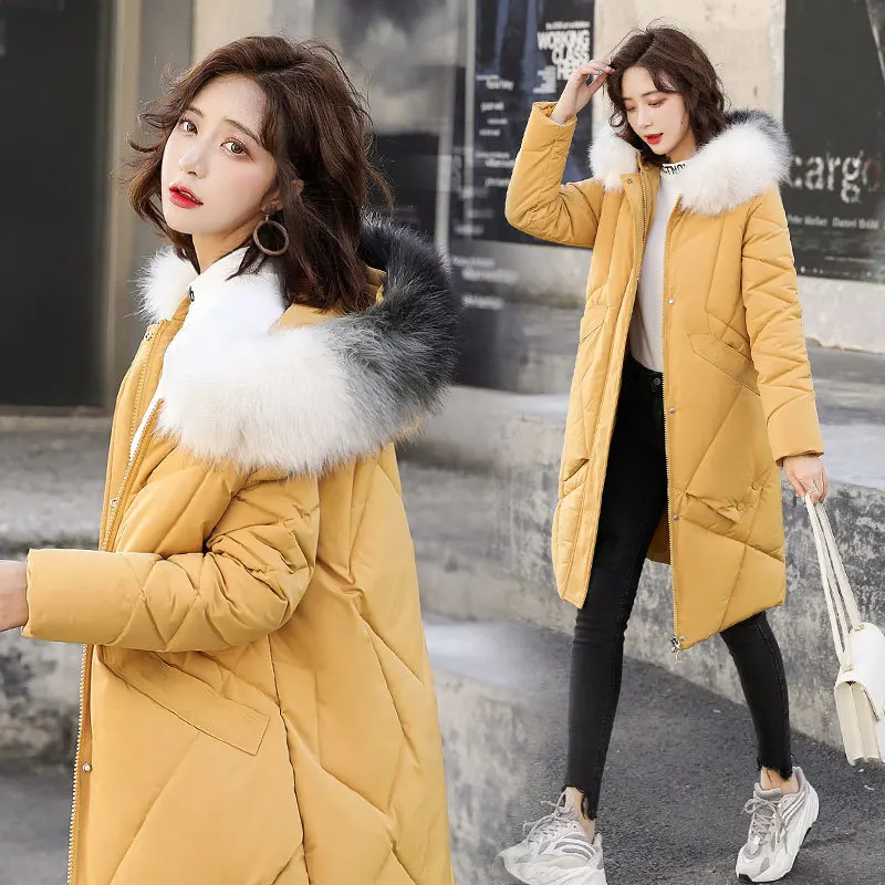 

2019 Winter Mid-length down Jacket Cotton-padded Clothes Women's Korean-style Slim Fit Large Fur Collar Fashion Hooded Cotton Ov