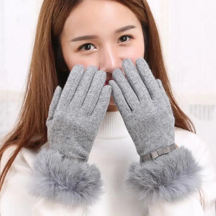 LJCUIYAO, женские шерстяные перчатки на полный палец, искусственный мех, Утепленные зимние теплые варежки, женские кашемировые перчатки, теплые перчатки для рук, Guantes Mujer - Цвет: G040 Gray