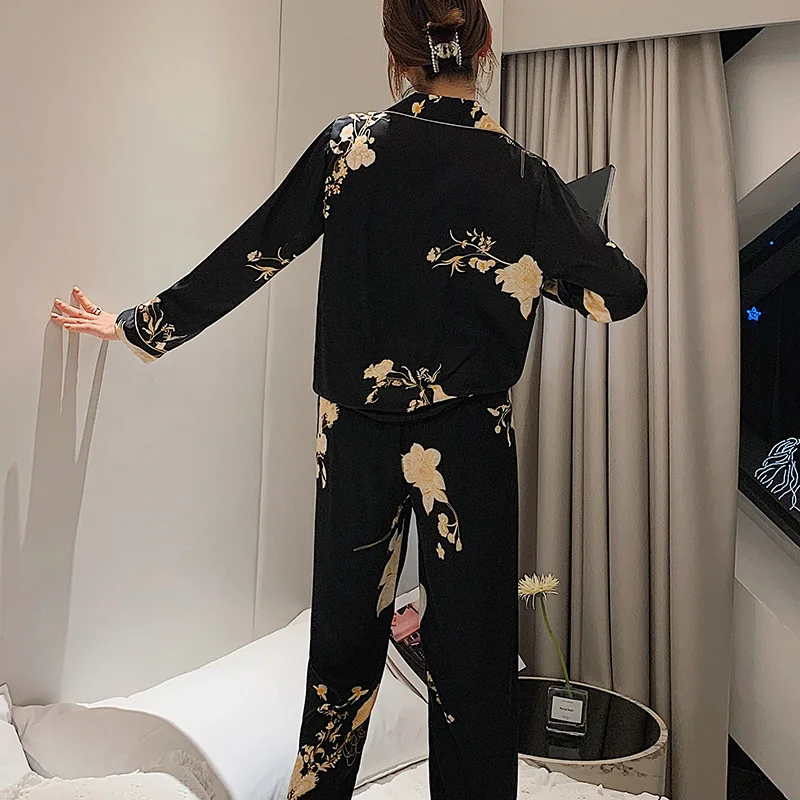 Black Print Flower Pajamas Set Women Spring Satin Silk Sleepwear Couple Sleep Set Nightwear Loose Casual Plus Size Pijamas Suit