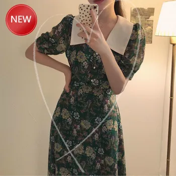 

French Style Women Vintage Elegant Long Floral A-line Shirt Dress Turn-down Collar Slim Waist Short Sleeve Midi Sundress Summer
