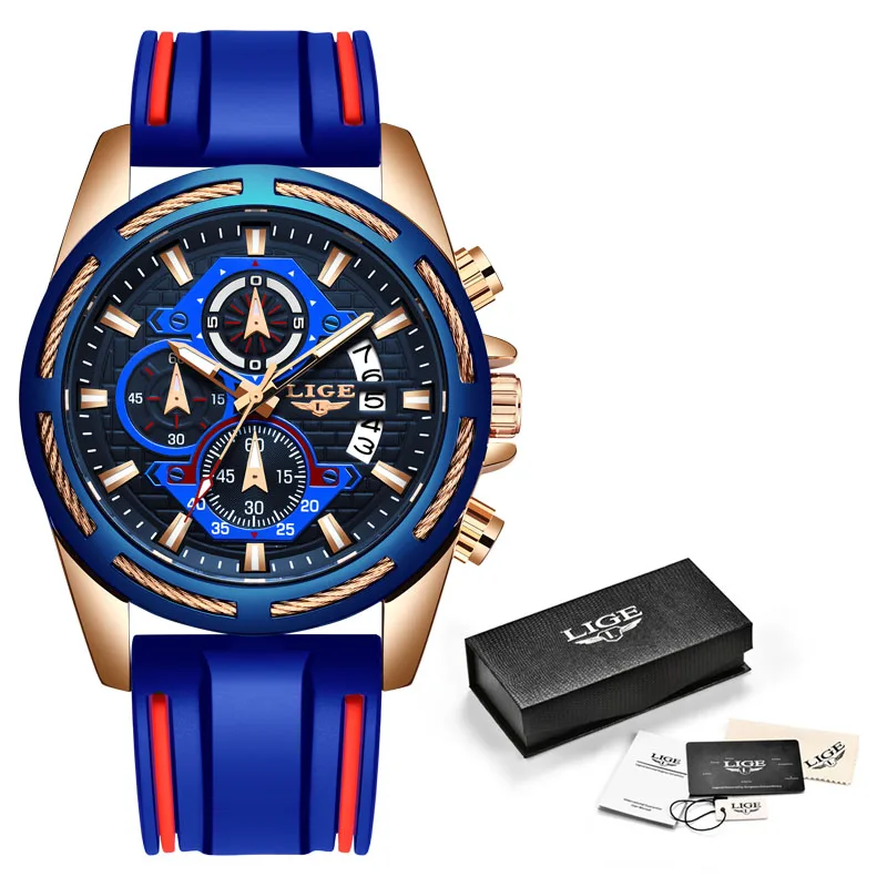 Rose gold blue Relogio Masculino LIGE, модные мужские часы, топ класса люкс, брендовые уникальные спортивные часы, мужские кварцевые часы с датой, водонепроницаемые наручные часы - Цвет: Rose gold blue