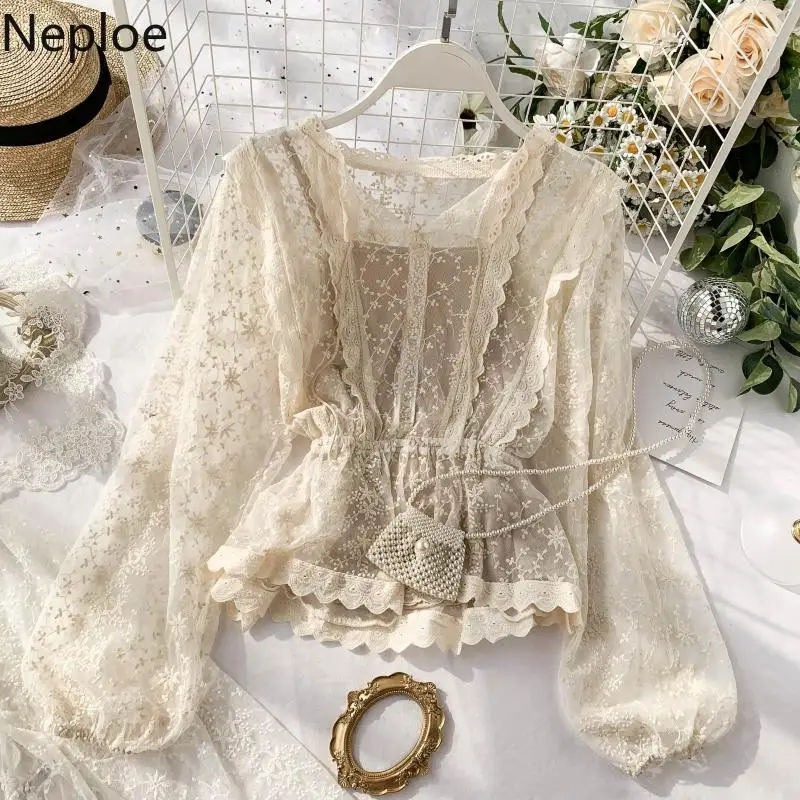 

Neploe Elegant Ruffles Lace Blouse Autumn Spring Holiday V Neck Puff Long Sleeve Blusas Slim Waist Lace Up Retro Flower Shirt