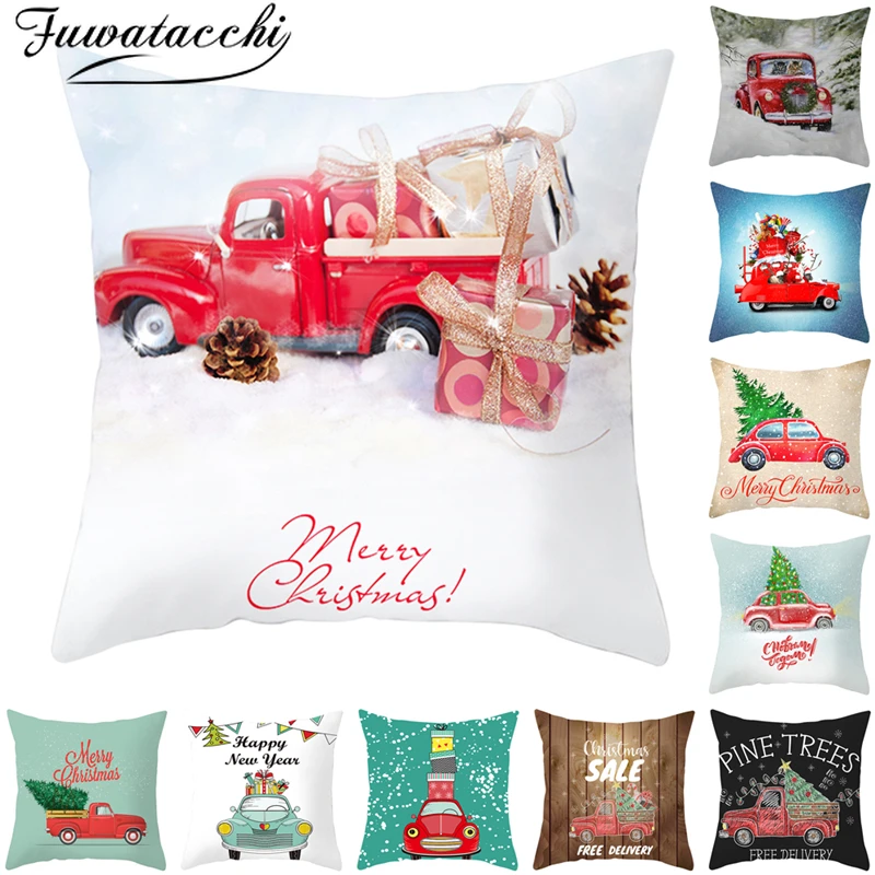 

Fuwatacchi Merry Christmas Pillow Cover Red Car Cushion Covers Polyester Home Sofa Chair Decorative Pillows Case Gift 45x45cm