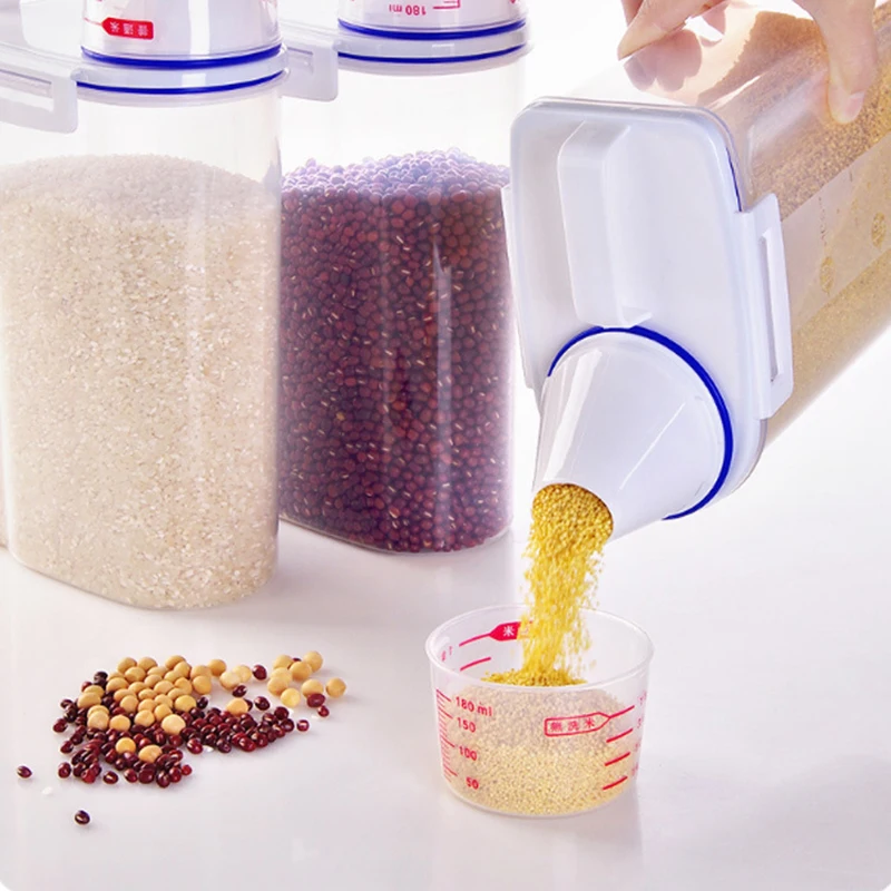 

Portable 2L Cereal Dispenser Storage Box with Measuring Cup Kitchen Grain Rice Container Food Plastic Cans Bottle Bucket