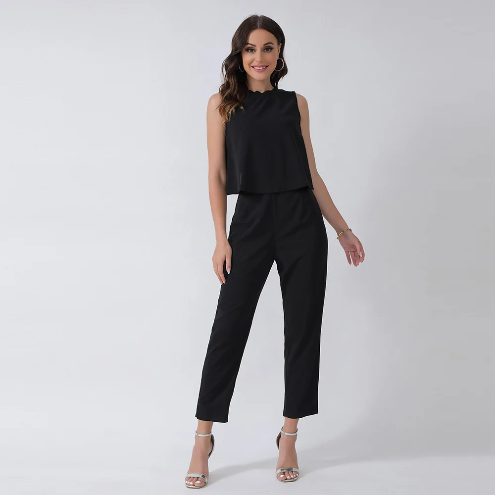 Chic 2 Piece Women Set Black Sleeveless Sexy Backless Cross-Button Top Straight Pants Suit Two Piece Matching Ladies Outfits