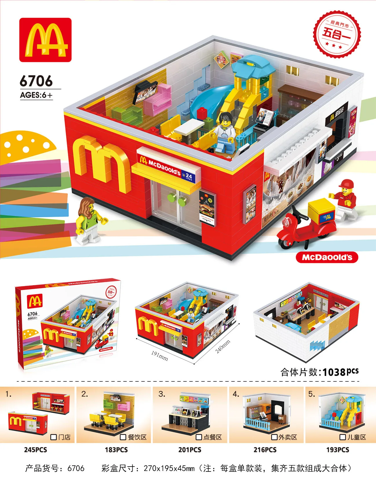 1038 шт 5 в 1 Мини-уличный вид McDonaldINGlys ресторанный дом строительные блоки модель совместимая Архитектура игрушки