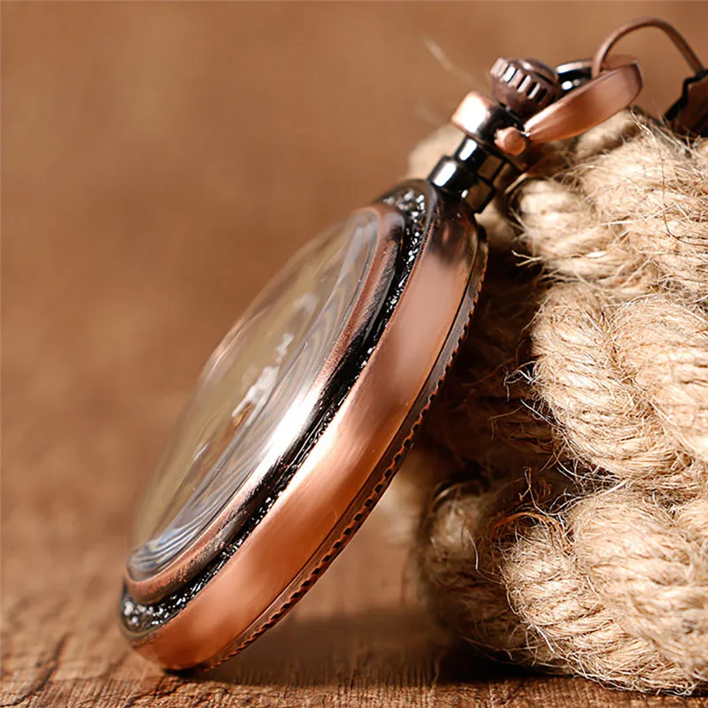 Red Bronze Skeleton Handwinding Mechanical Pocket Watch for Men Women Roman Numeral Fob Pendant Chain Open Face Clock Collect