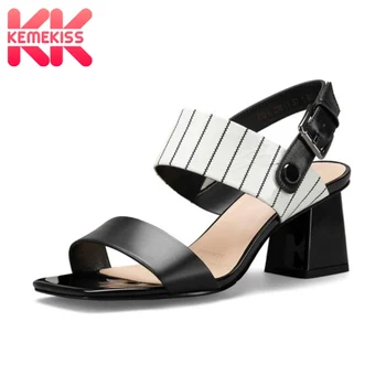 

KemeKiss Women Black Sandals Real Leather Buckle Chunky Heels High Quality Fashion Shoes Women Summer Footwear Size 33-40