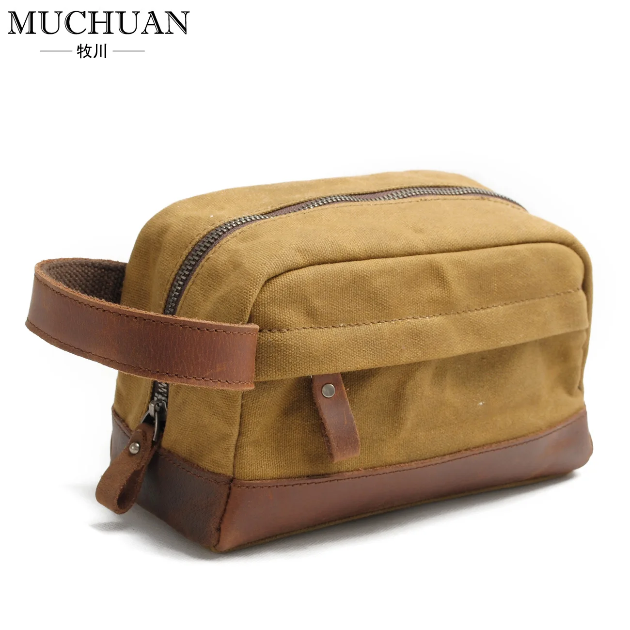 

New Style Men Clutch Bag Oil Wax Canvas Wash Bag Retro Genuine Leather Clutch Bag Full-grain Leather Wrist Wrap