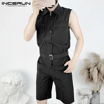 

INCERUN Summer Men Overalls Sleeveless Streetwear Jumpsuit 2020 Solid Fashion Multi-Pockets Punk Rompers Mens Trousers With Belt