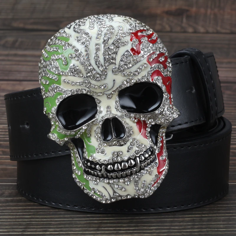 

Man Skull Belt with Diamond Punk Style Men Metal Smooth Buckle Skull Head Skulls Pattern Belts Black Brown White