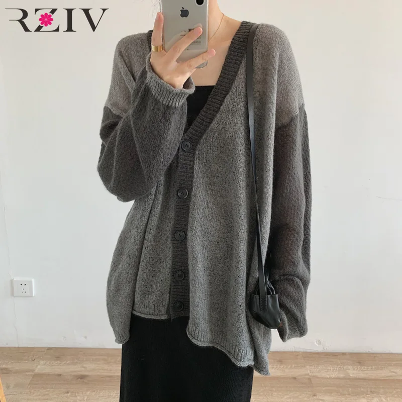 

RZIV Autumn women's sweater casual solid color stitching V-neck long-sleeved cardigan sweater