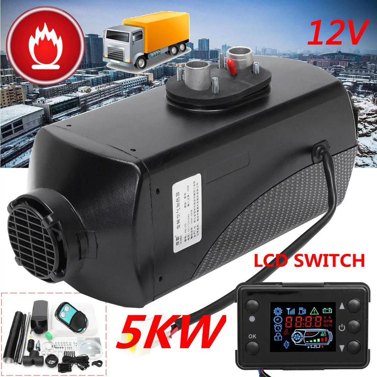 Calefator de estacionamento do calefator do ar do calefator do carro de 5kw 12v com monitor do lcd do controle remoto para rv, reboque da motorhome, caminhões, barcos