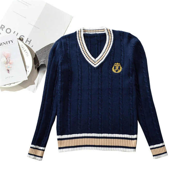 British School Uniform JK Sweater Cute Knitted New Sweater Cotton School Girls Uniform Tops Sweet Long Sleeve Blue White