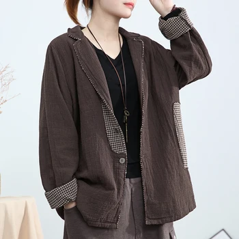 

Loose Slim Coat New Cotton Linen Suit Jacket Women's Large Size Color Matching Cardigan Casual Retro Female Stitching Linen Suit