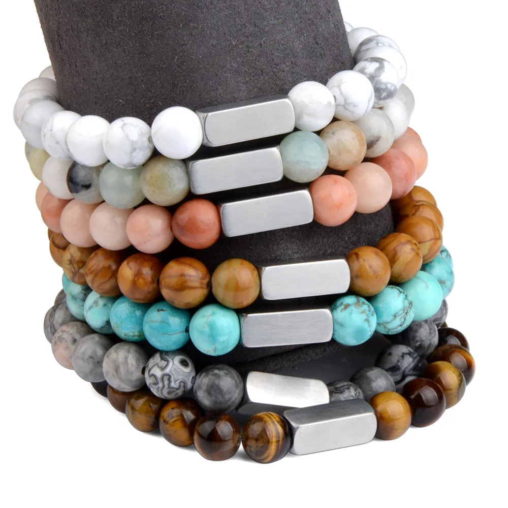 Naturstein Perlen Armband Edelstahl Platz Tiger Auge Lava Klassische Natürliche Stein Armband Für Frauen Männer Schmuck – Detail 14
