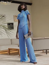 

Clacive Bodycon Turtleneck T-Shirts Two Piece Set Women Summer Blue Pleated High Waist Pants Set Casual Slim Wide Trouser Suits