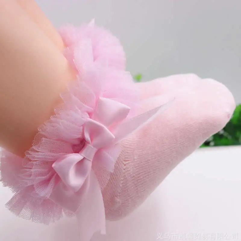 От 0 до 8 лет красивое платье принцессы с кружевным бантом детские гольфы носки для малышей нескользящие для маленьких девочек носки в стиле радуги, для младенцев малышей короткие носки - Цвет: light pink big lace