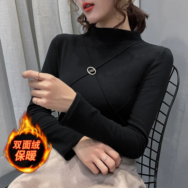 Black t-shirt Осенне-зимняя женская футболка с высоким воротом, с начесом, шлифованная, с Аргайлом, хлопковые топы, футболка, футболка, тянущаяся, с длинным рукавом, на подкладке, T9N393 - Цвет: Black t-shirt