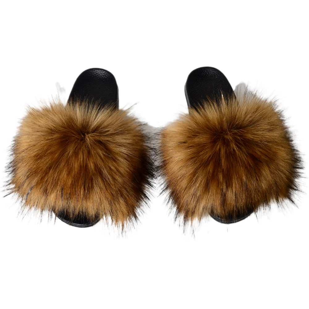 faux raccoon fur slides