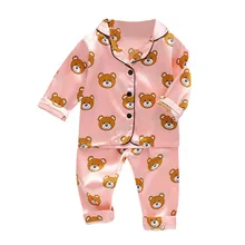 1-5Y Summer Toddler Baby Boys Girls Pajamas Set Cartton Bear Printed Satin Silk Tops +Pants Sleepwear Children’s Clothing Sets