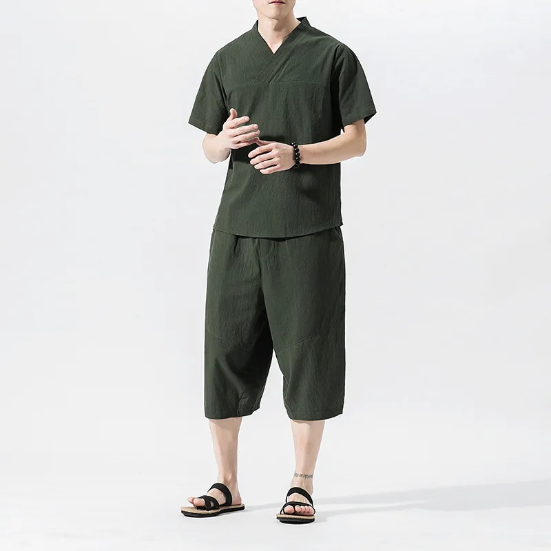 

2019 Summer New Style Men's Large Size Solid Color Flax Set Chinese-style Short Sleeve T-shirt Capri Pants Thin Casual