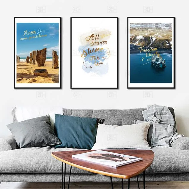 

Nordic Mediterranean Landscape Blue Sea Landscape Gold Foil Background Decorative Canvas Painting Wall Art Picture For Room