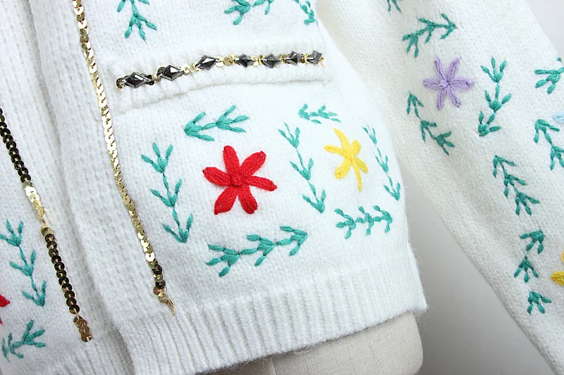 Womens Sweater Cardigans Crocheted Embroidered Floral Sequins Cardigan Commuter Sweaters Jacket Beaded Knit Clothes