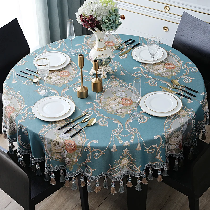 

Luxury Small/Big Round Table Cloth Cover Blue Beige Flowers Rectangle Jacquard Tablecloths Dustcloth Tablecloth Tassel Tapete