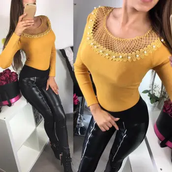 

Womens Beading Spring Long Sleeve Beads Mesh Hollow Out T-Shirt Tops Ladies Casual Party Sexy Slim Female Clothes