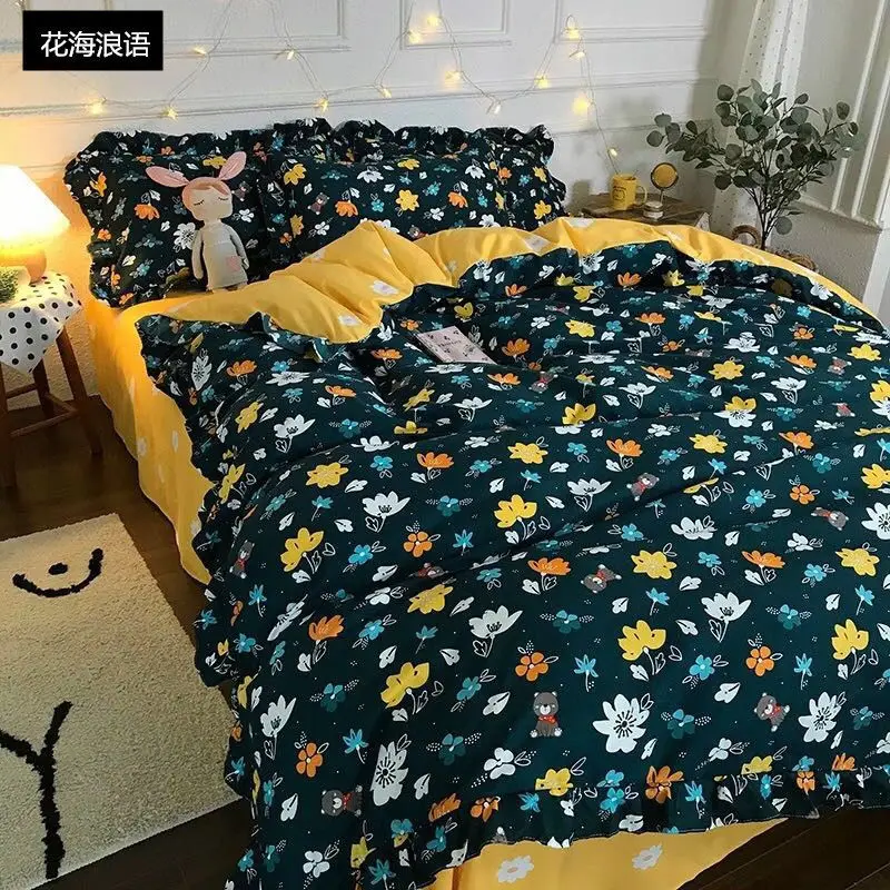 Four-piece set on a lotus leaf bed Korean style fragrant taro purple grid soft small fragrant style bed sheet three-piece set 
