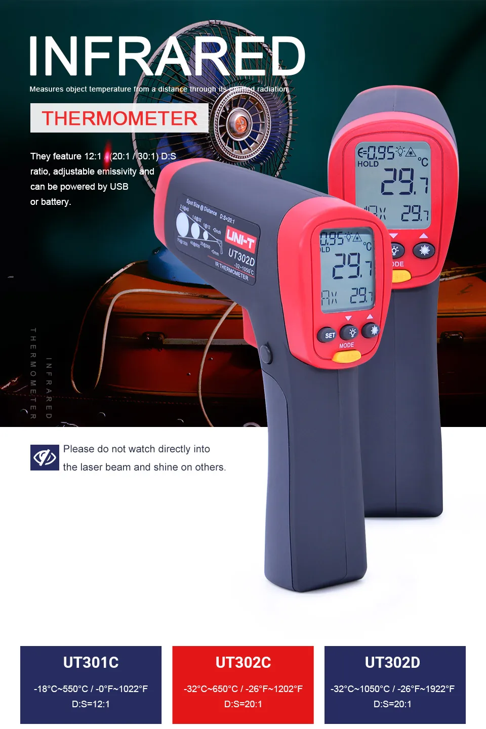 Uni-t UT303A UT303C UT303D Бесконтактный цифровой термометр инфракрасный лазерный термометр-пистолет тестер с ЖК-дисплеем
