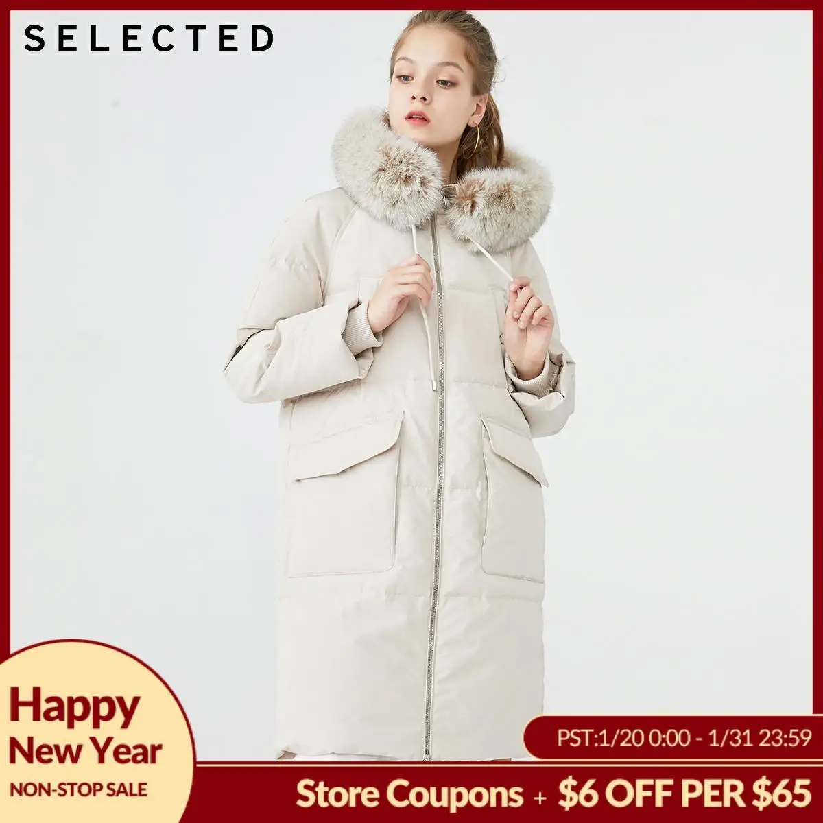 

SELECTED Women's Mid-length Fox Fur Collar Hooded Down Jacket S|419412528