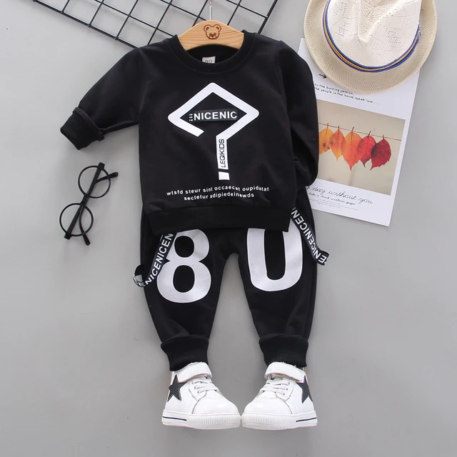 Fashion Spring Autumn Baby Girl Clothes Children Boys Casual Letter Jacket Pants 2Pcs/set Toddler Cotton Costume Kids Tracksuits XH wenhaoF Black