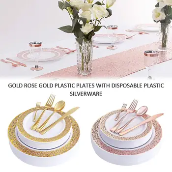 

150pcs Gold Plastic Plates with Disposable Plastic Silverware,Lace Design Wedding Party Plastic Tableware Sets for all Holidays