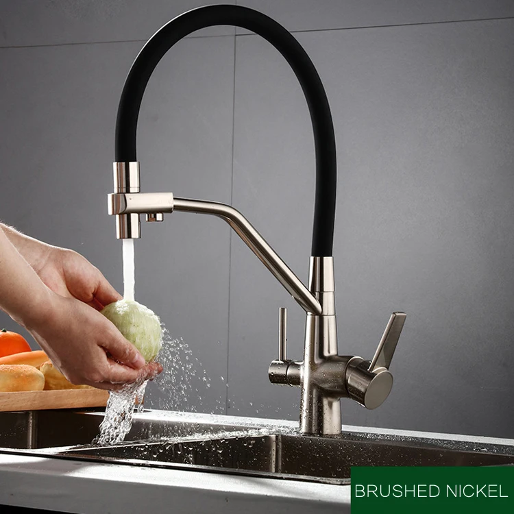 Brushed nickel High-end латунь матовый Никель Кухня раковина кран смеситель для кухни тянуть вниз с двумя ручками для 3-сторонний выход Кухня здоровой питьевой воды кран NL714 - Цвет: Brushed nickel