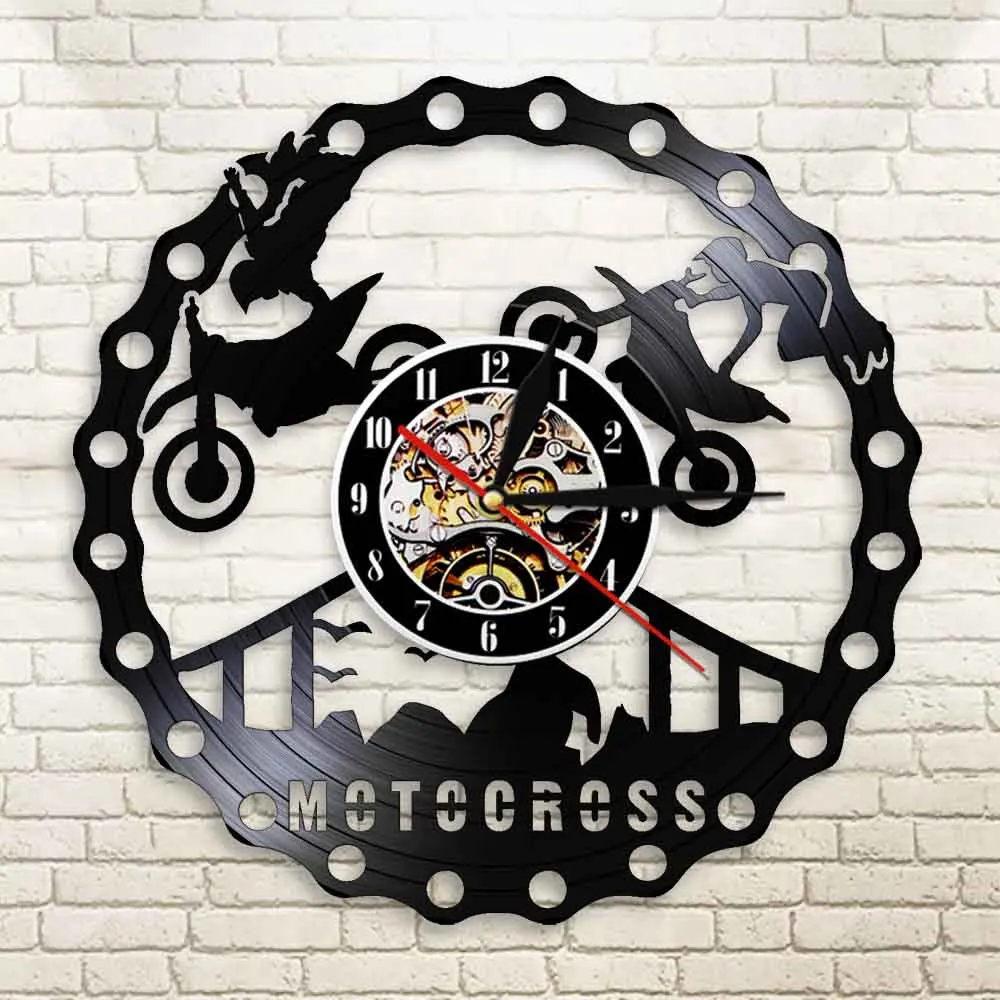 Goedkoop Motocross Racing Brappp Decor Moderne Wandklok Dirtbike Truc Rijden Vinyl Record Klok Freestyle Motorfiets Racing Riders Gift