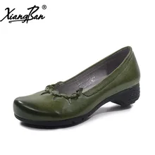 Повседневная женская обувь; женские туфли-лодочки ручной работы из мягкой кожи на среднем каблуке зеленого цвета; обувь на толстом каблуке с круглым носком; xiangban