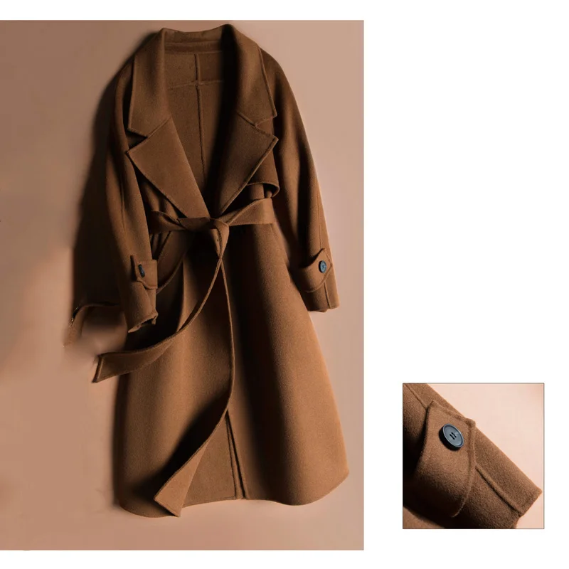 Шерстяное Женское шерстяное пальто с отложным воротником Женская кашемировая куртка с поясом однотонное модное шерстяное пальто Верхняя одежда G806 - Цвет: Коричневый