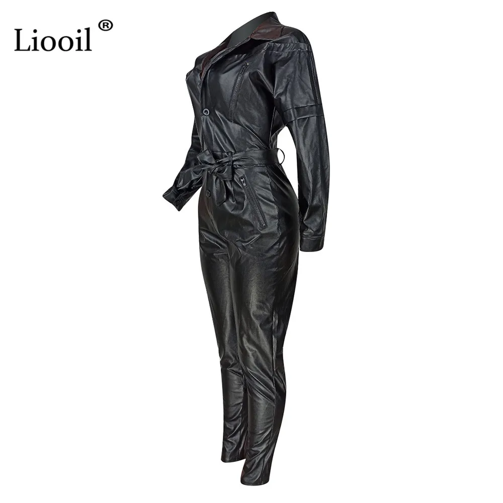 Liooil, черный, искусственная кожа, Цельный Наряд, сексуальный, на молнии, комбинезоны, с длинным рукавом, на пуговицах, с поясом, вечерние, Клубные, комбинезоны, женский комбинезон