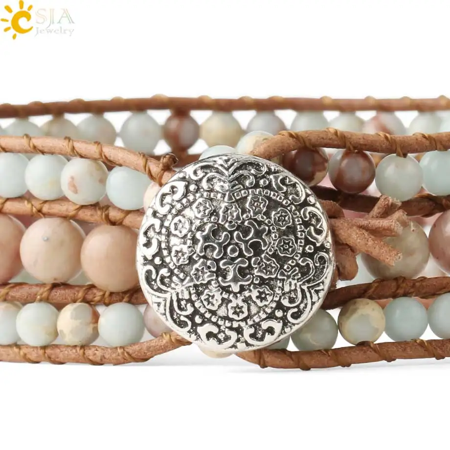 CSJA Braided Bracelets Natural Stone Leather Wrap Bracelet Round Beads Line Rhodonite Women Bohemian Handmade Woven Jewelry S565