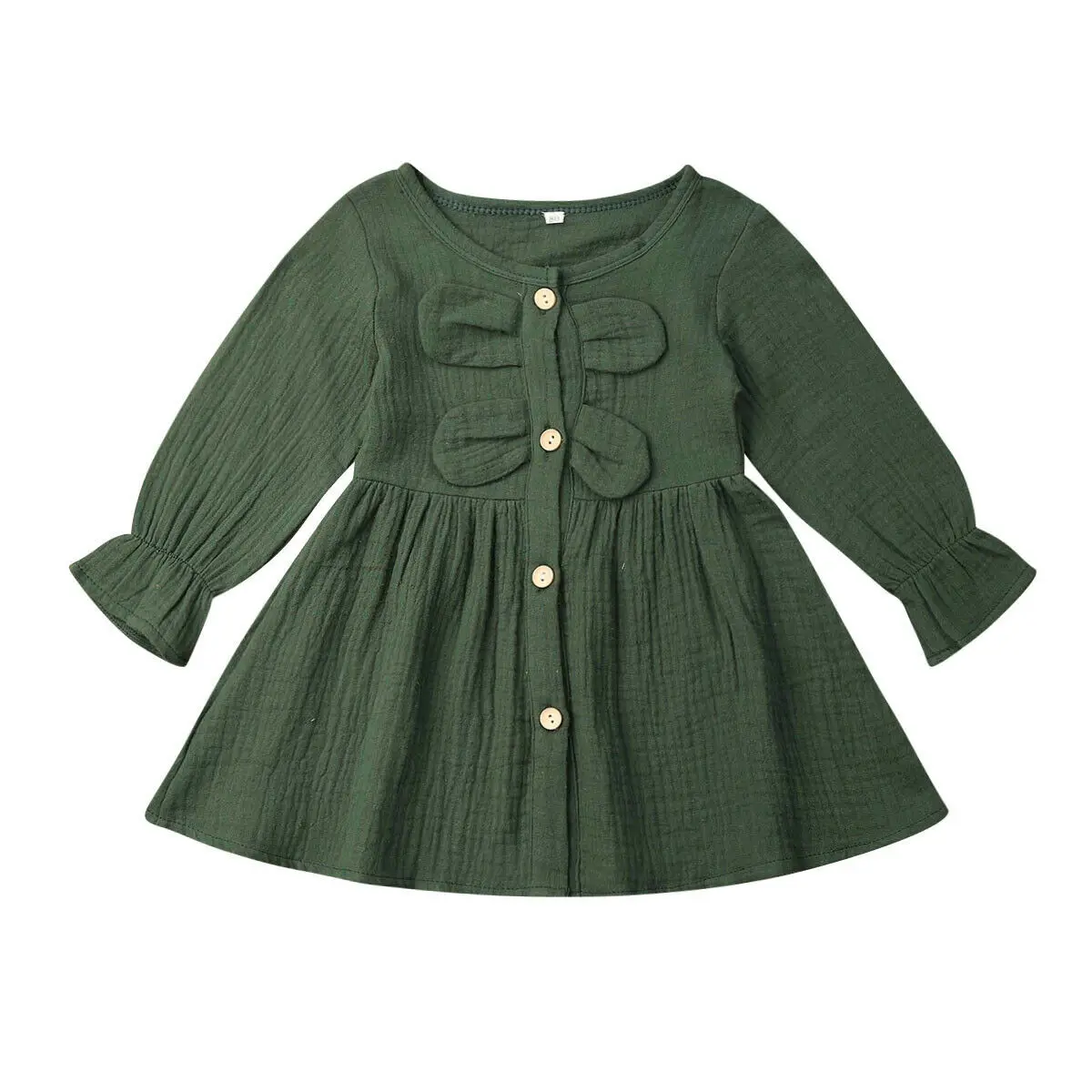 Новое однотонное платье макси из хлопка и льна для маленьких девочек платья с длинными рукавами и оборками - Цвет: Зеленый