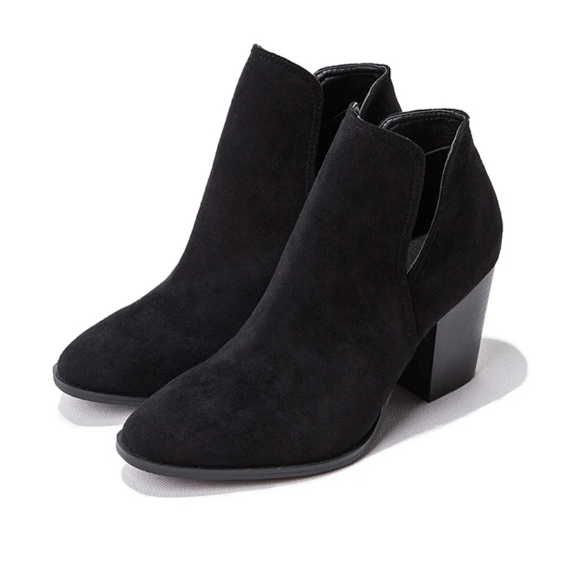 Black New Sexy Short Western Cowboy Boots Women Flock Chunky High Heels Casual Street Booties Slip on Ankle botas Shoes - Color: Black