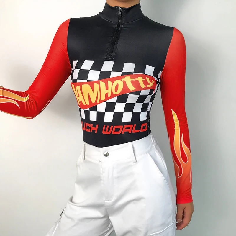Darlingaga Streetwear Turtleneck Bodysuit Women Long Sleeve Body Flame Checkerboard Letter Print Rompers Womens Jumpsuit Autumn