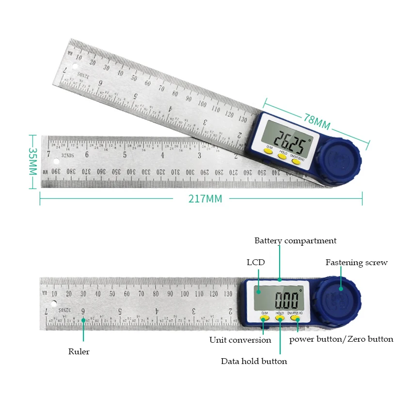 Digital Angle Ruler 0 200mm Stainless Steel Electronic Protractor