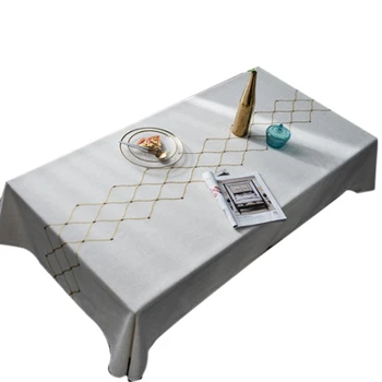

Nordic Linen Geometric Embroidery Waterproof Tablecloth Rectangular Dining Table Cloth Golden Leaves Square Table Cover