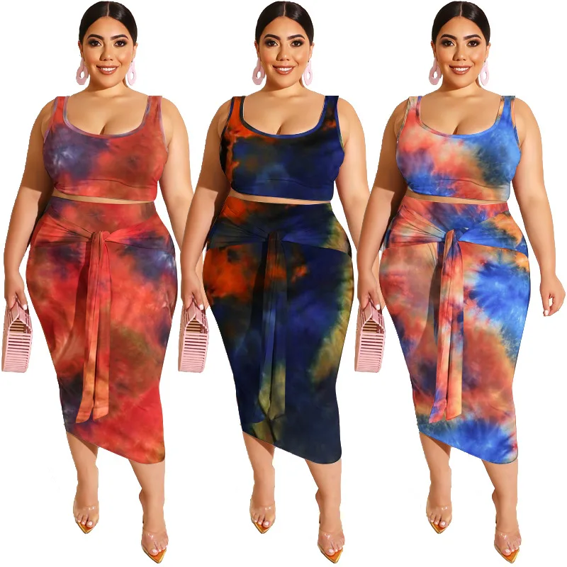 Dropshpping-traje de dos piezas para mujer, falda larga informal a la moda, con estampado Tie-dye, de gran tamaño, venta al por mayor