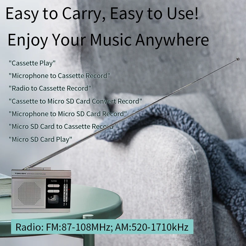 Microfone para Aprender a Língua Fita para Mp3 Walkman Cassette Player Converter Gravador fm am Rádio-built-in Alto-falante Música Notícias - Image 2