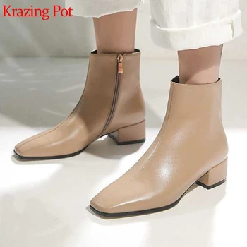 

Krazing pot cow leather square toe Chelsea boots European designer med heels zipper gladiator streetwear retro ankle boots L48